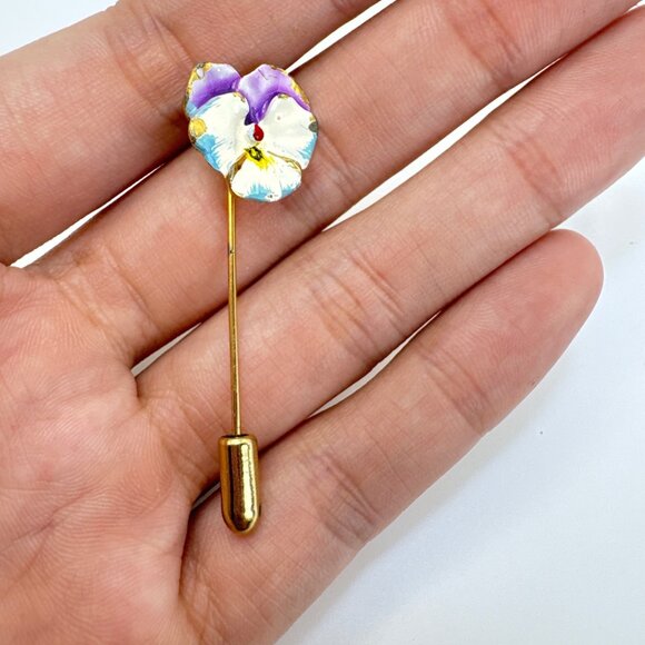 VTG Gold Tone Purple Blue & White Enamel Flower Stick Pin Size 2" Length - Picture 6 of 10